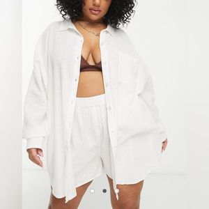 textured button through beach set in white